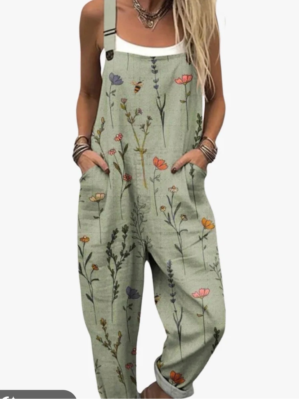 Floral Linen-Blend Sage Green Dungaree Jumpsuit